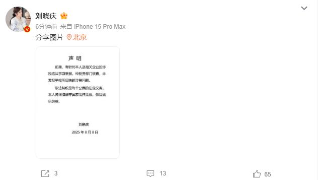 刘晓庆回应“被举报偷税漏税”：经税务部门核查，无相关问题