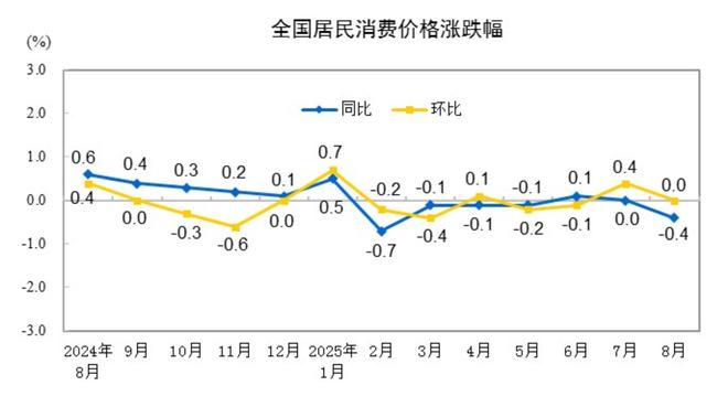 国家统计局：8月份CPI同比下降0.4% PPI同比下降2.9%