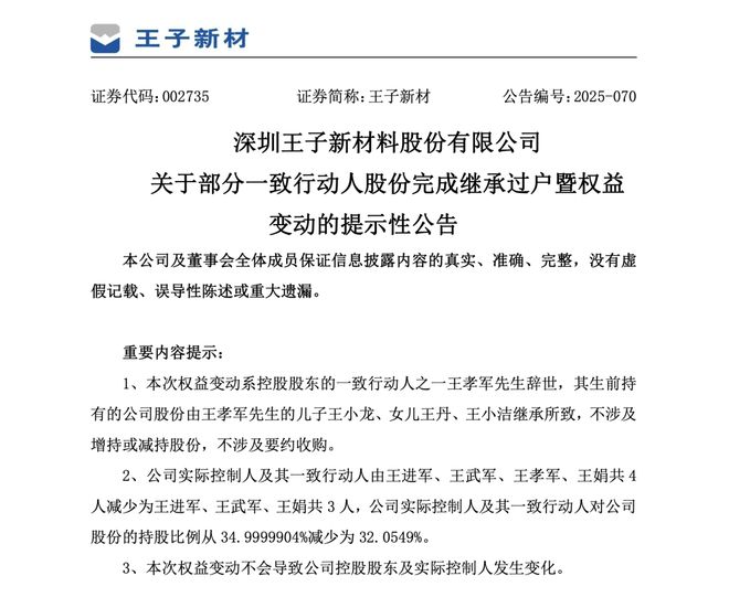 王子新材第三大股东王孝军辞世!三子女继承约1.7亿元股份_王子新材第三大股东王孝军辞世!三子女继承约1.7亿元股份_