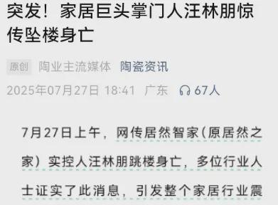 解除留置仅3天，湖北巨商、居然之家汪林朋突传“坠楼”噩耗