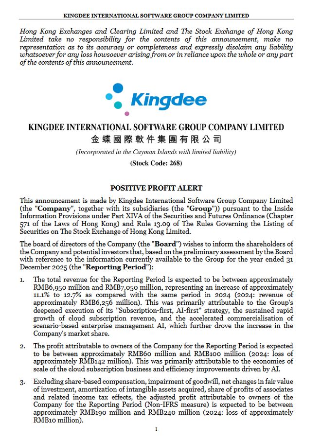 金蝶国际发布公告，有望扭亏为盈